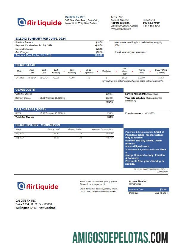 realista Modelo de fatura de serviços públicos de gás da Air Liquide da Nova Zelândia em formatos Word e PDF